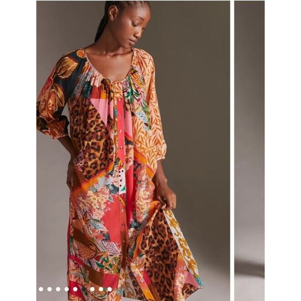 Geisha Designs Anthropologie Multi Print Collage Oversized Boho Midi Dress Small